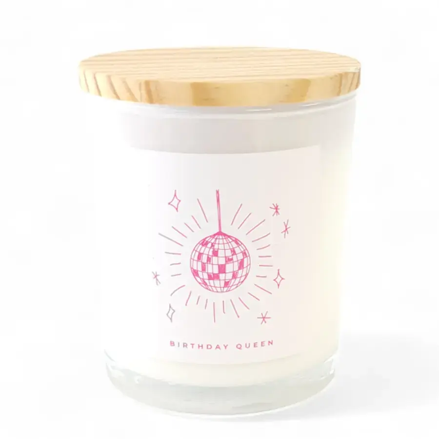 Birthday Queen soy wax candle jar with wooden lid