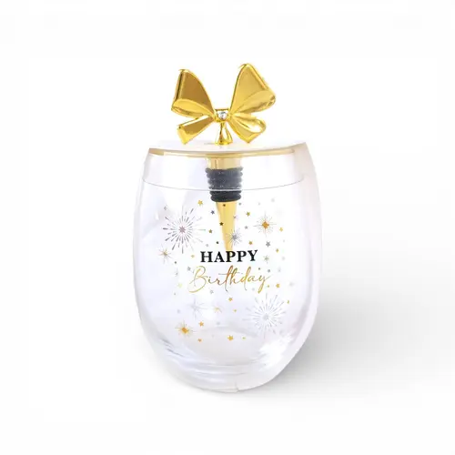Happy Birthday Stemless Wine Glass with Stopper